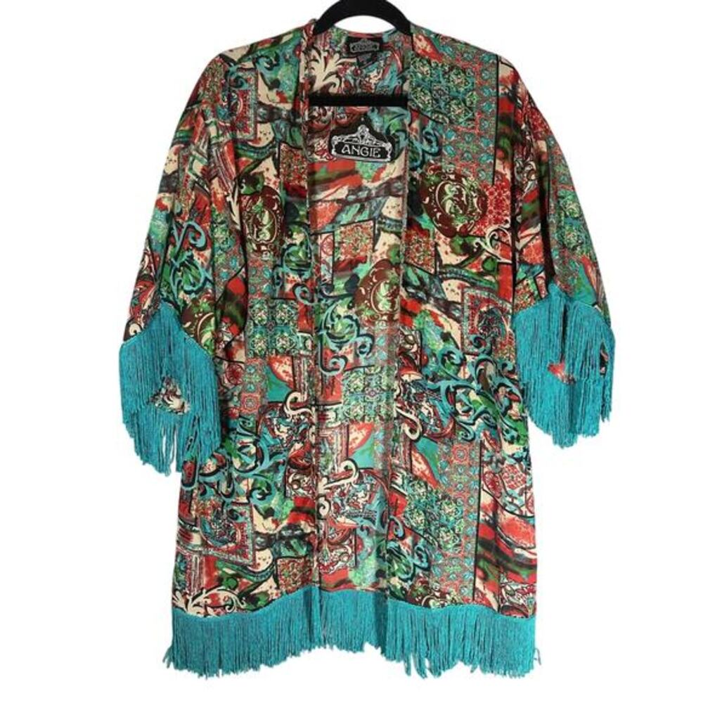 Angie NWT Sz L Open Front Fringe Kimono Cardigan‎ Coverup Artsy Boho Colorful
